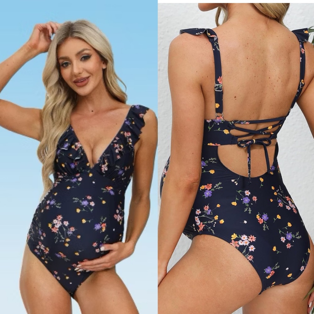 Cupshe Navy Floral Ruffle Maternity One-Piece Swimsuit